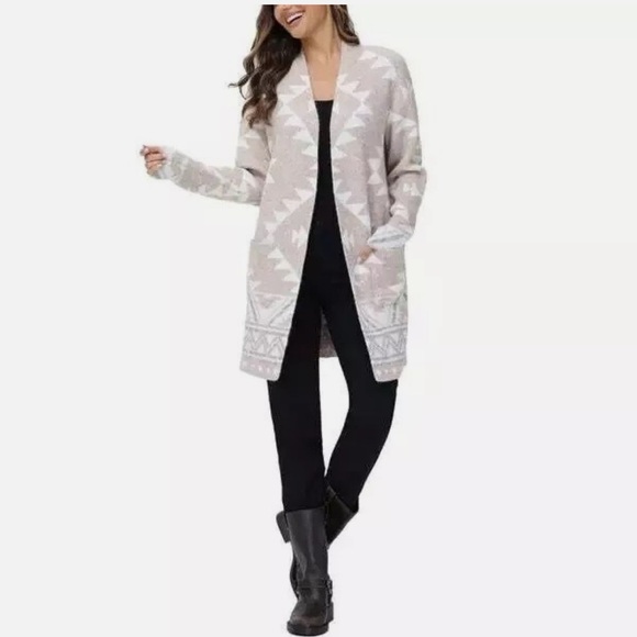Frye Oatmeal Combo Cozy‎ Comfy Soft Knit Geometric Print Cardigan Small New NEW - Picture 1 of 8